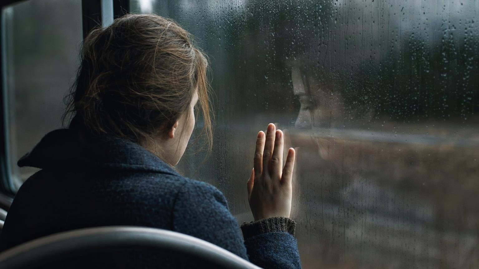 Woman pressing her hand to a rain-streaked bus window, illustrating deep POV's collapse of distance between reader and character