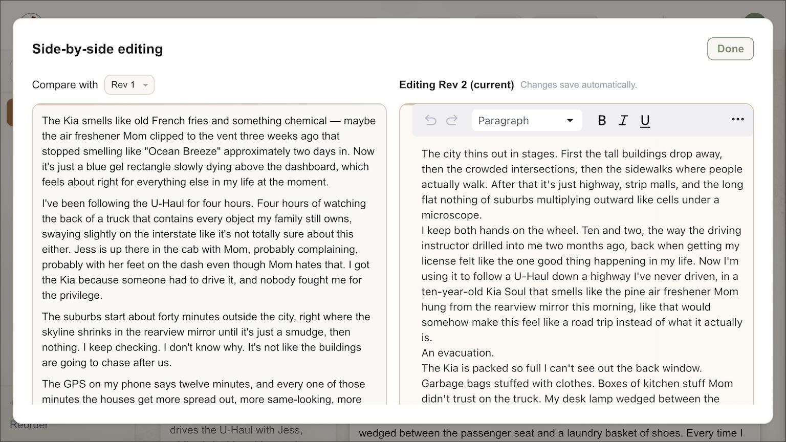 Just Write Side-by-Side Editing dialog showing an earlier revision next to the editable current page