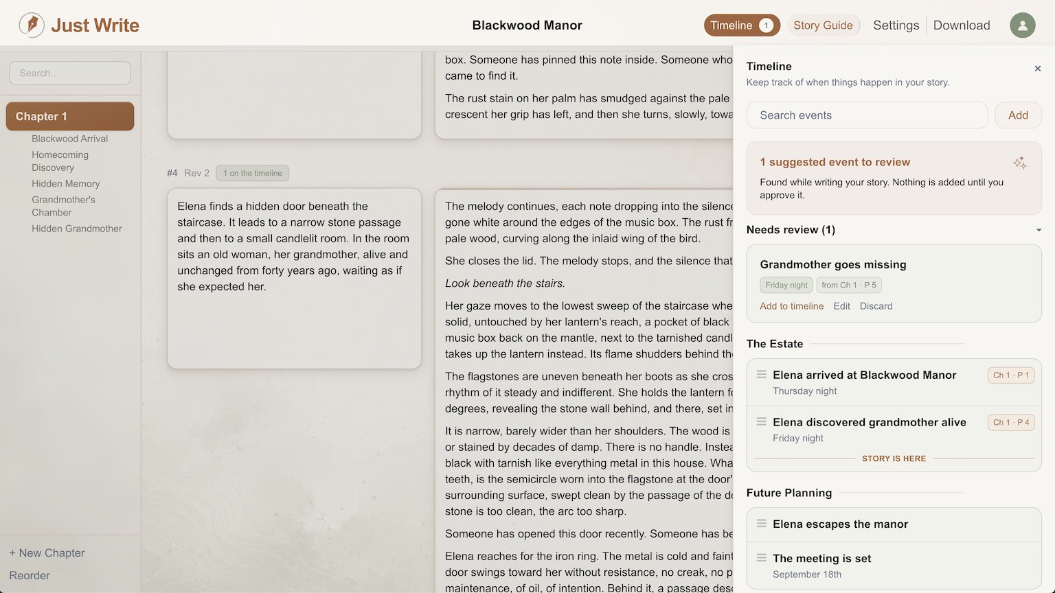 Just Write Timeline panel open beside a story outline showing ordered events, time labels, and an AI-suggested event