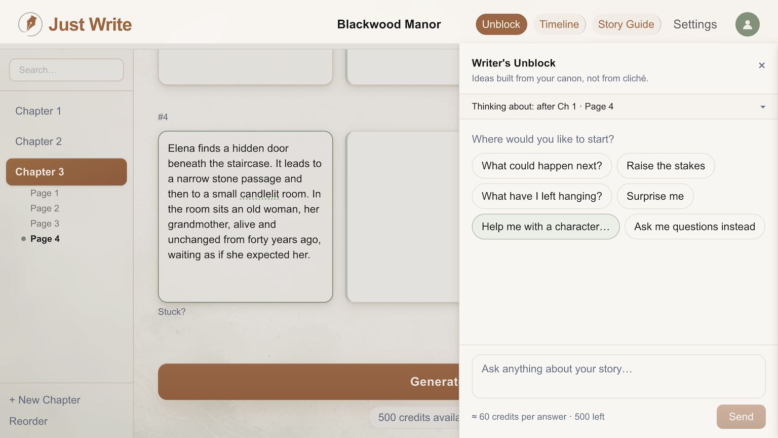 Writer's Unblock drawer open in the Just Write editor showing idea cards and a "why it fits" note