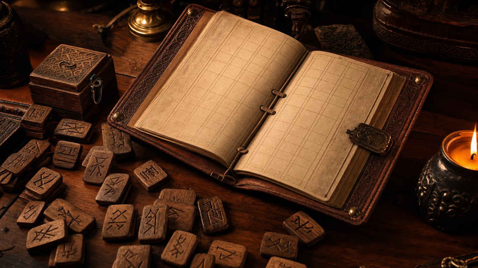 Open ledger with carved rune tiles used for inventing fantasy character names in a fictional world