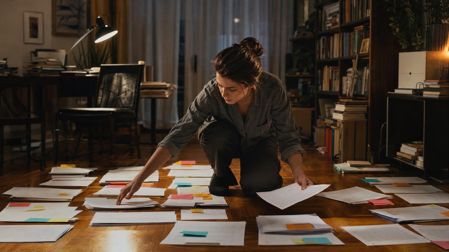 Writer sorting manuscript pages into piles while trying to answer what genre is my book