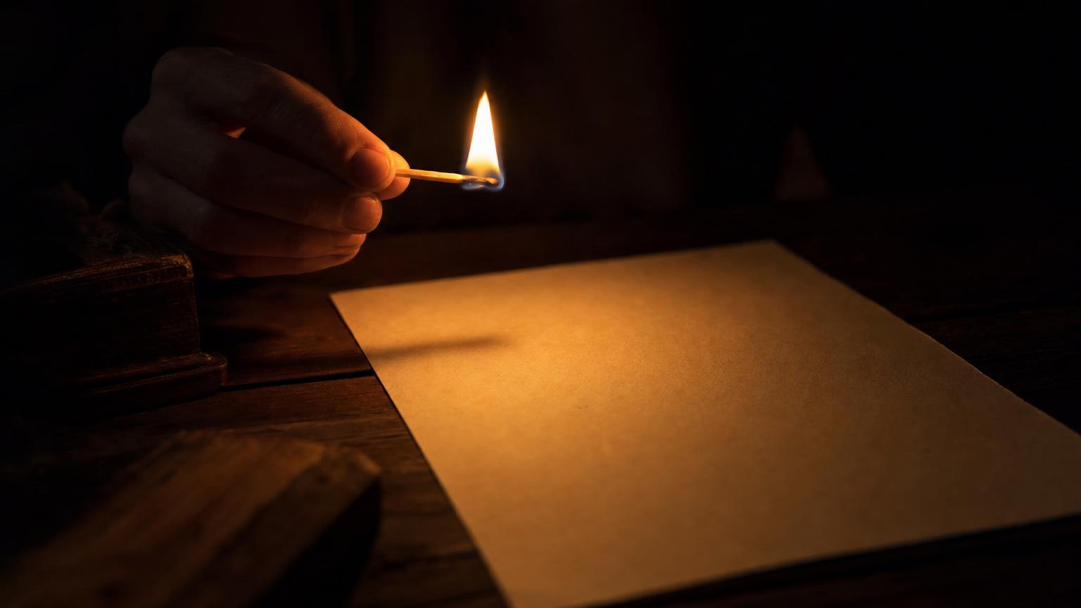 Lit match glowing above blank paper, symbolizing how to start a story with a striking first line