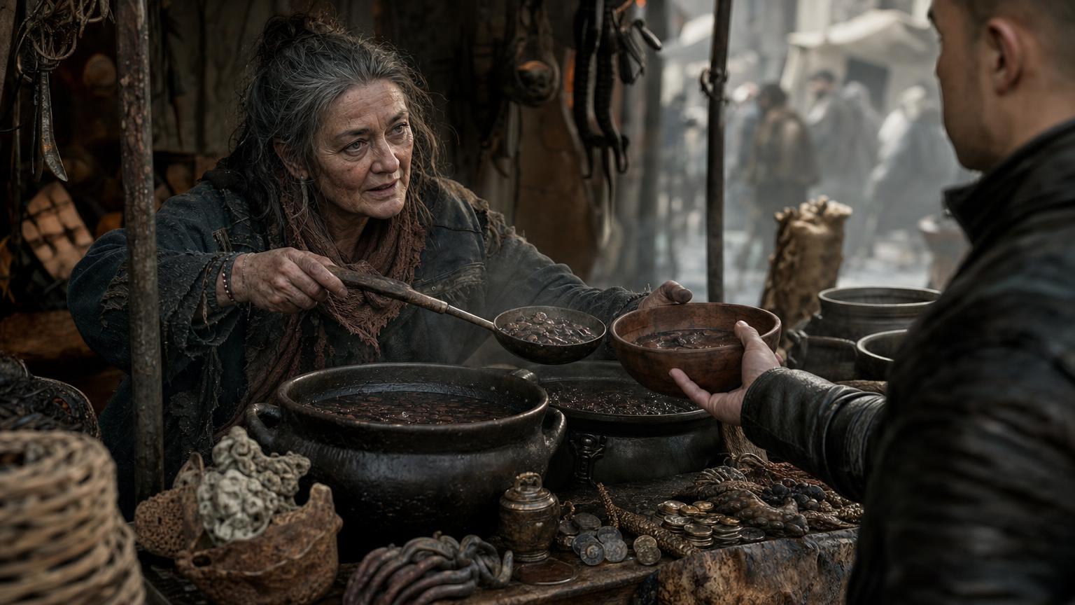 Fantasy worldbuilding market vendor serving a culturally specific dish that reveals economy and ritual through texture