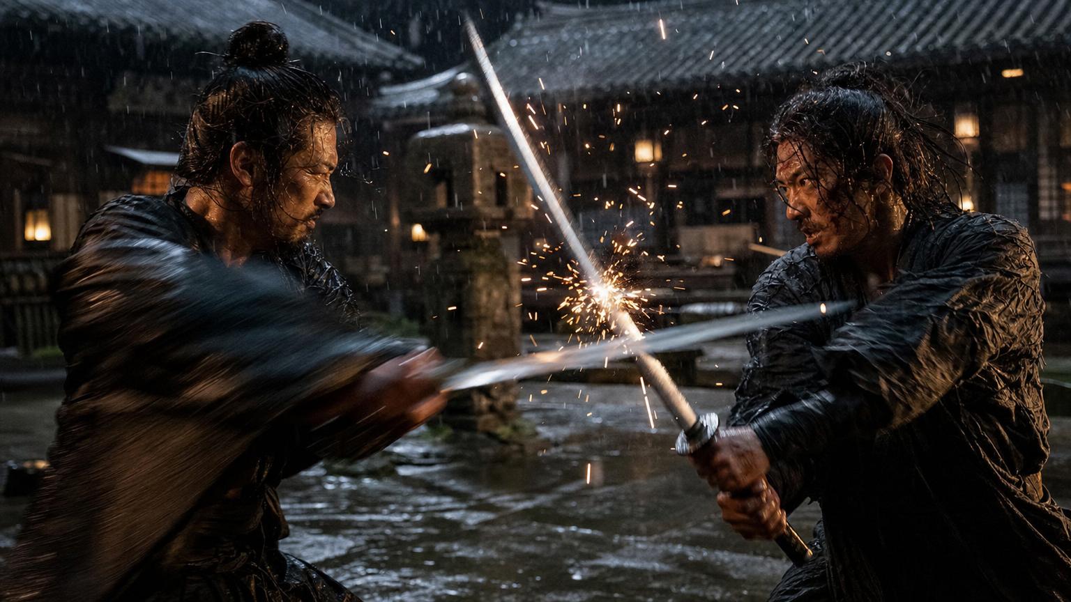 Cinematic sword fight scene in the rain showing the high-stakes action writers aim for when writing a fight scene
