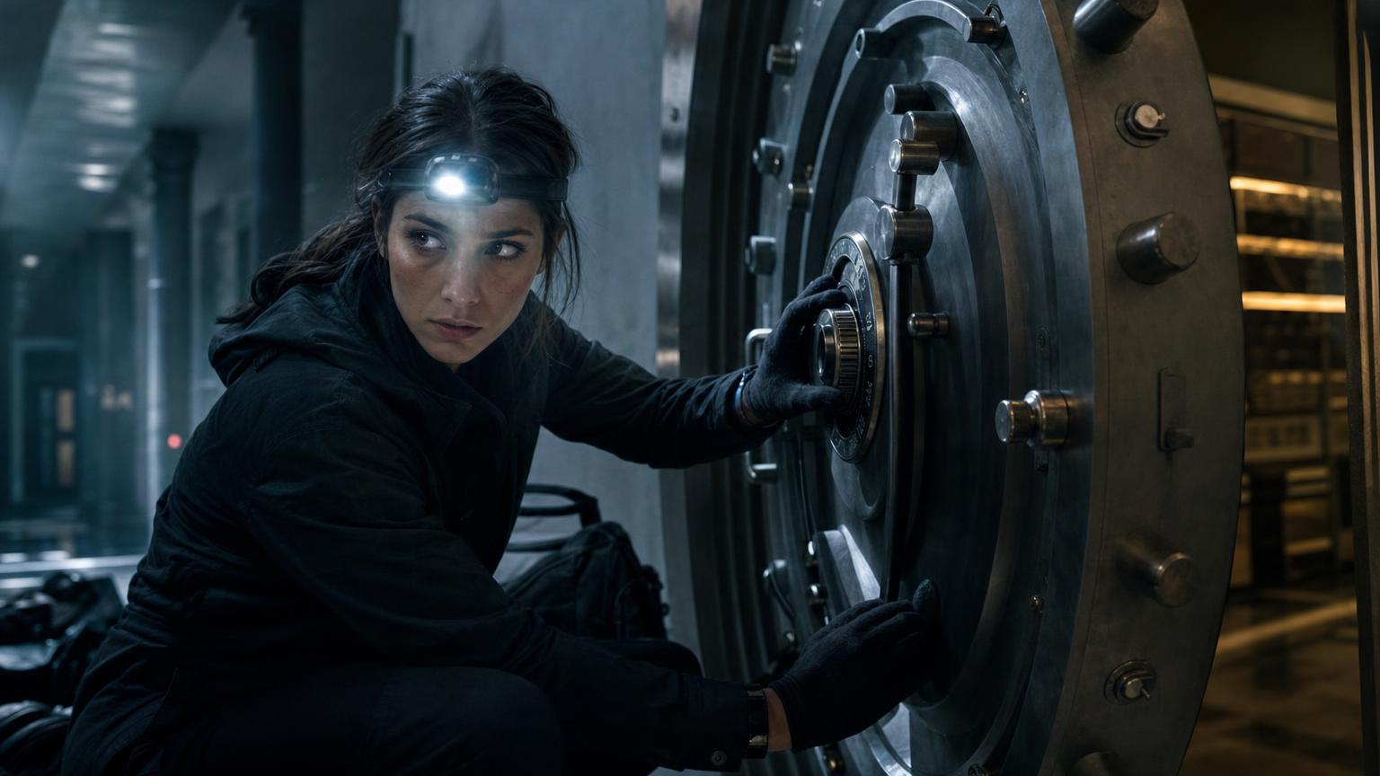 Safecracker mid-heist pauses at an open vault door, illustrating how to write a heist with hidden reversals