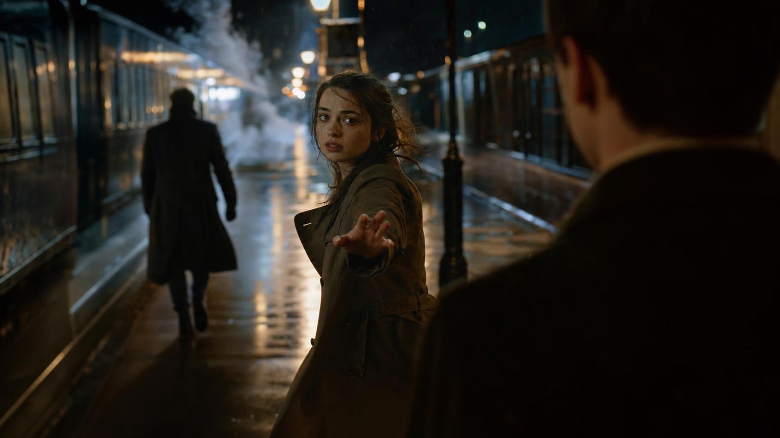 Woman torn between two people at a train platform, illustrating how to write a love triangle with real stakes
