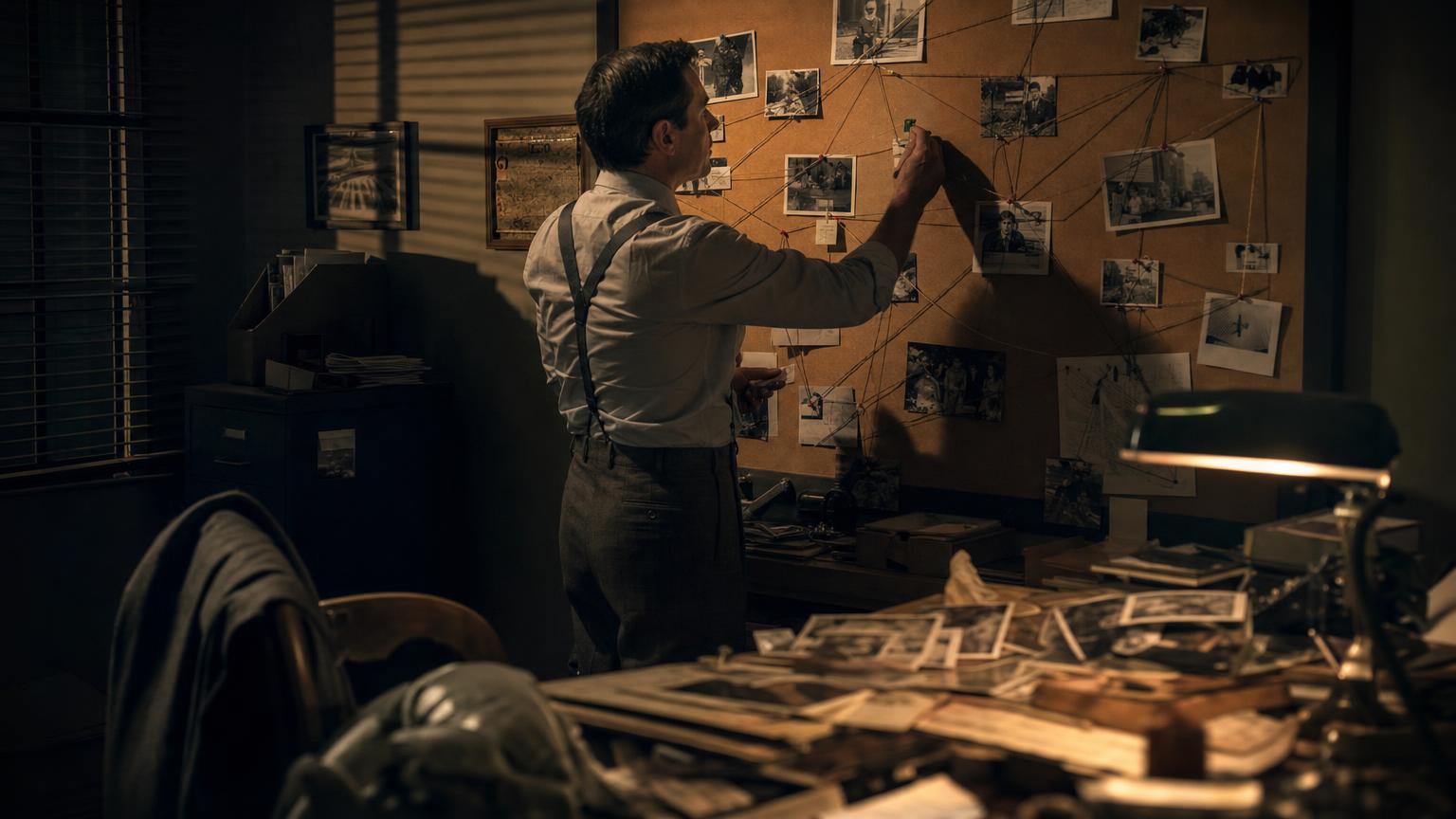 Detective pinning a clue to a corkboard while learning how to write a mystery using fair-play plotting