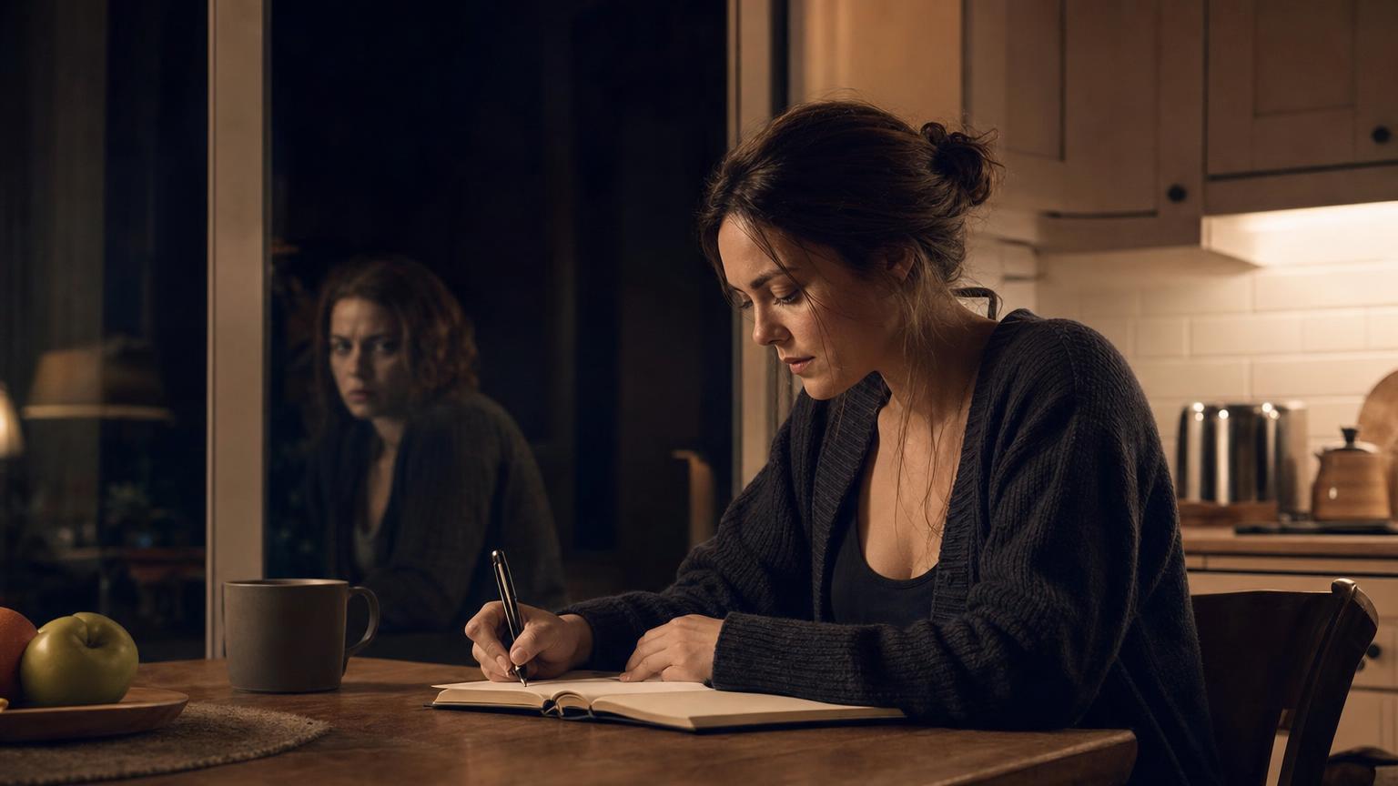 Woman writing a journal entry while her unreliable narrator reflection shows a different expression in the window