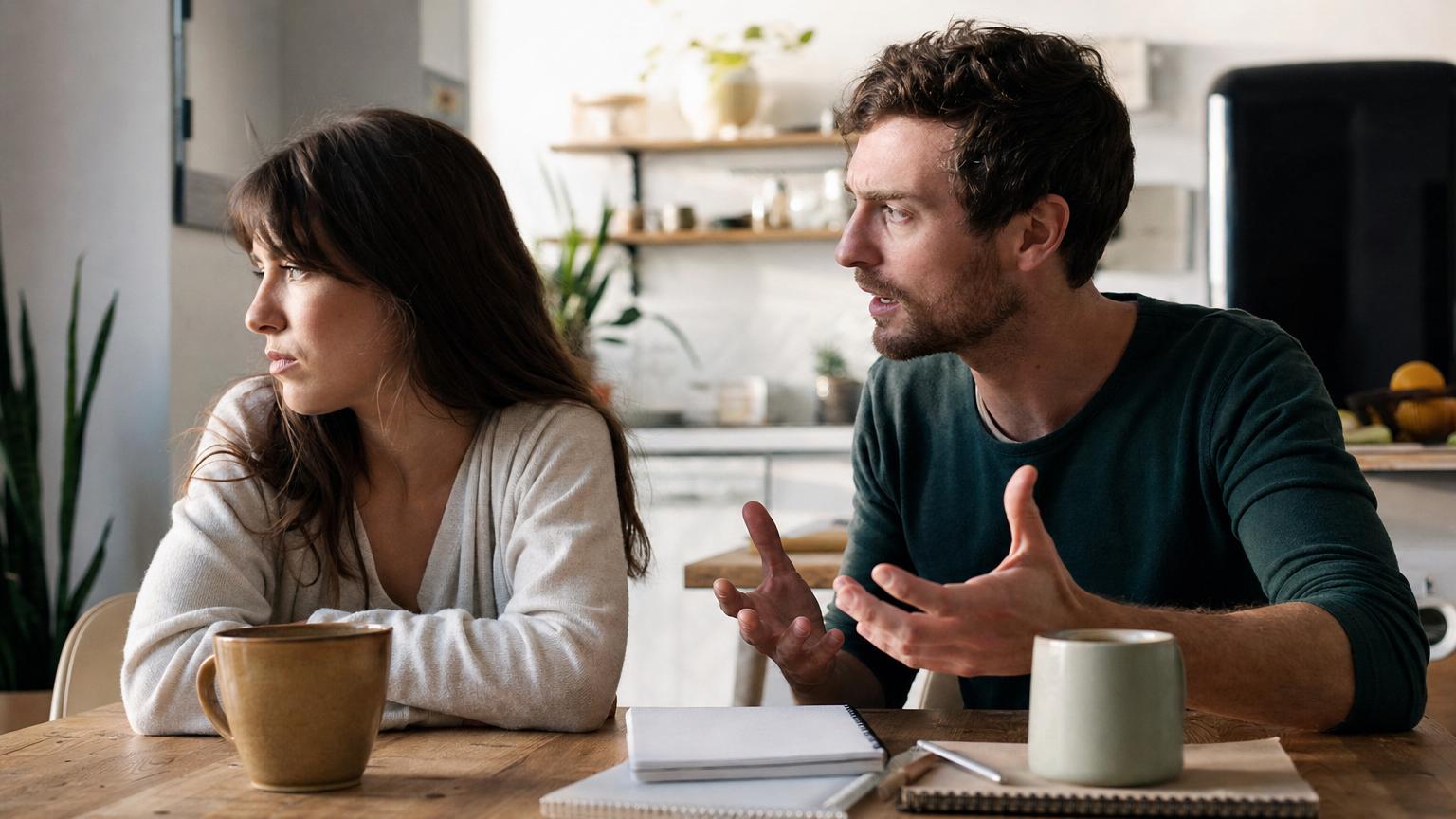 Two people in conversation at a table showing realistic body language and dialogue dynamics in creative writing.