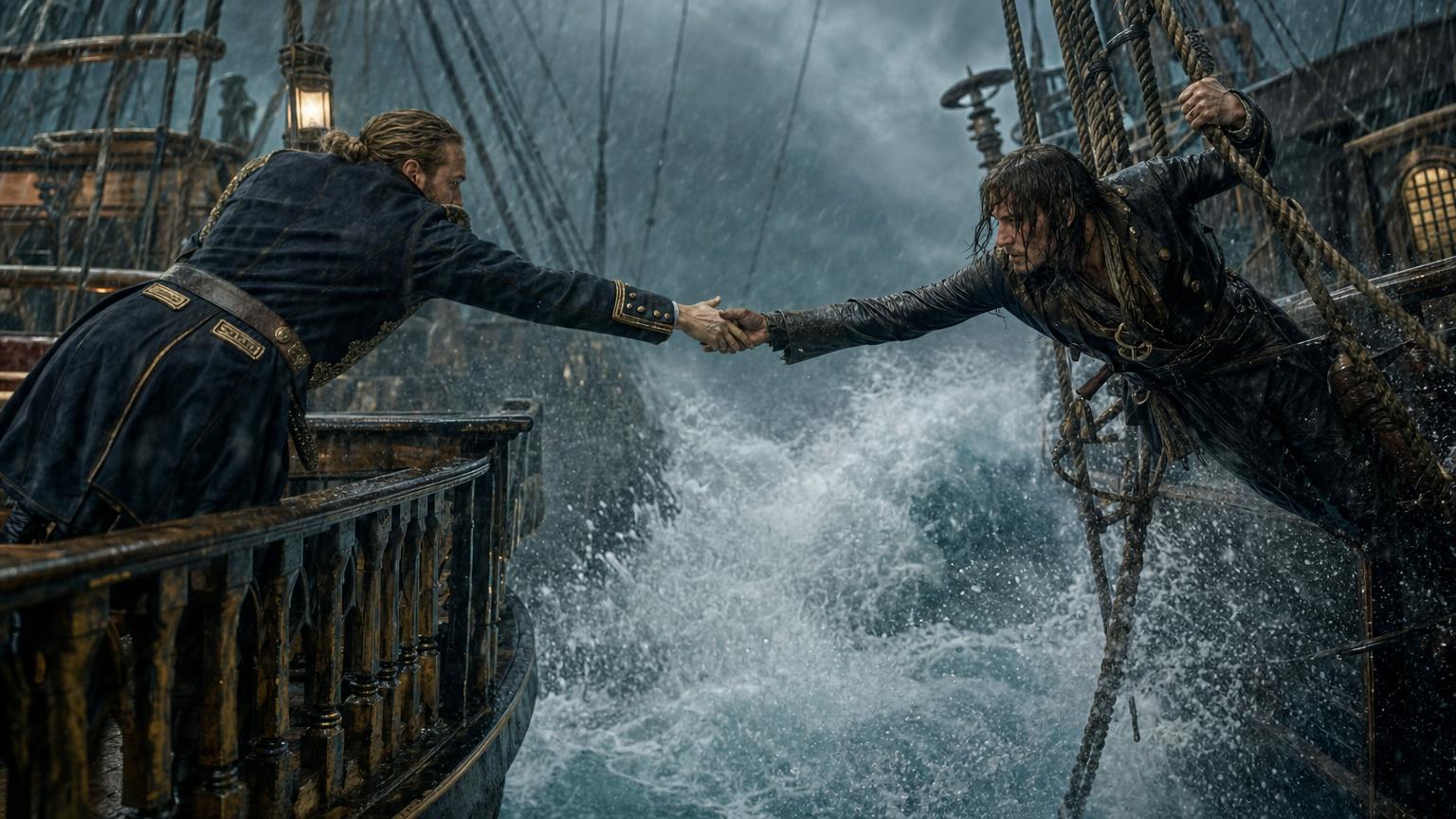 Two rival ship captains mid-rescue during a storm, illustrating the respect-before-affection beat in enemies to lovers writing