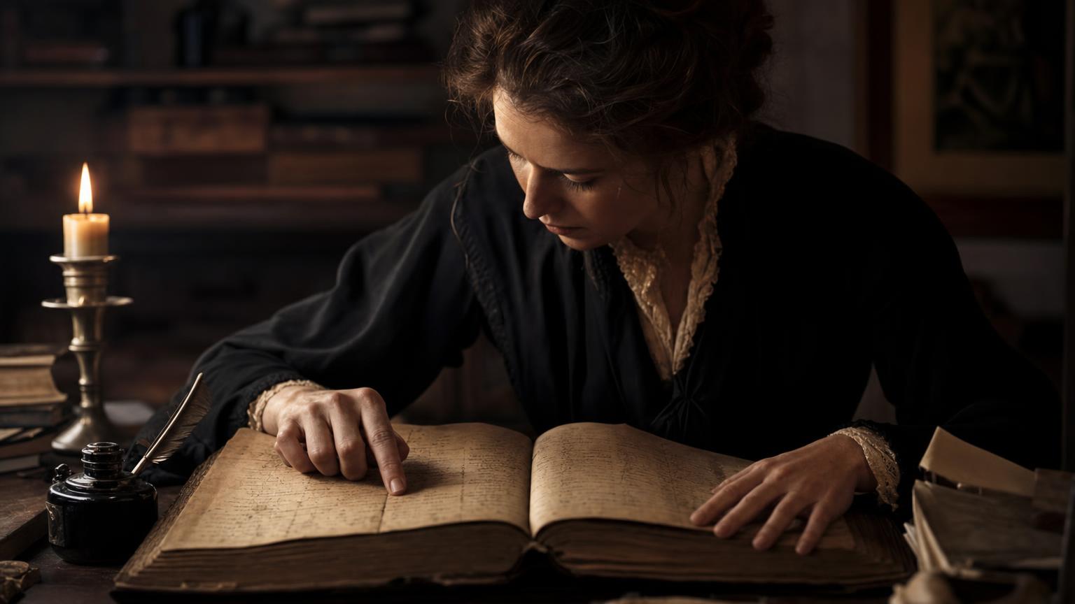 Writer researching historical character names in an old parish register by candlelight