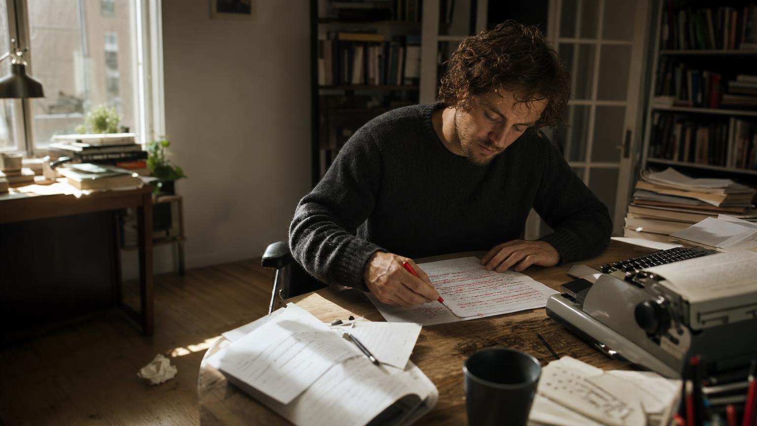 Writer crossing out a clichéd novel opening on a handwritten first page, illustrating common novel opening mistakes