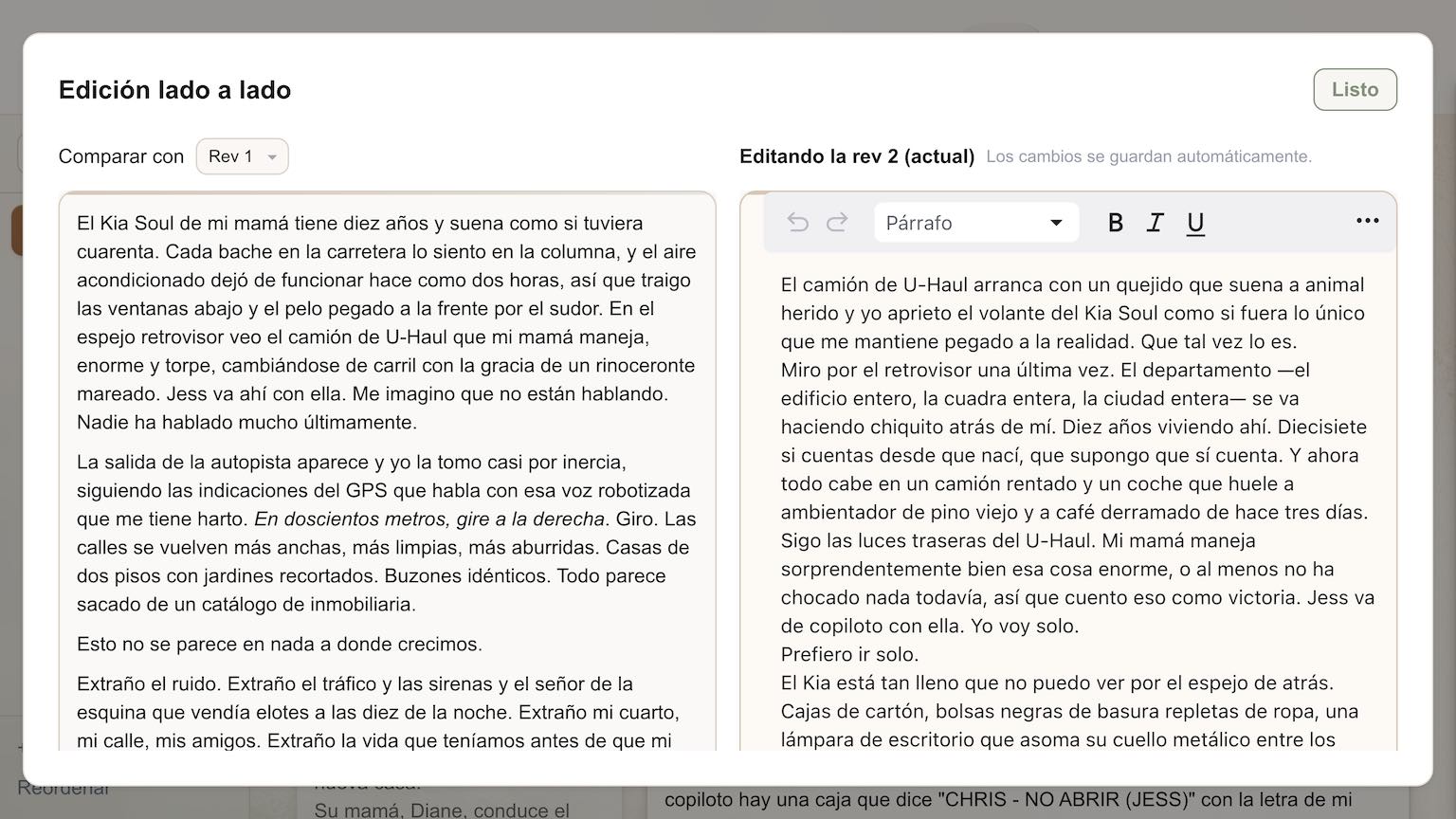 Diálogo de Edición Lado a Lado de Just Write mostrando una revisión anterior junto a la página actual editable