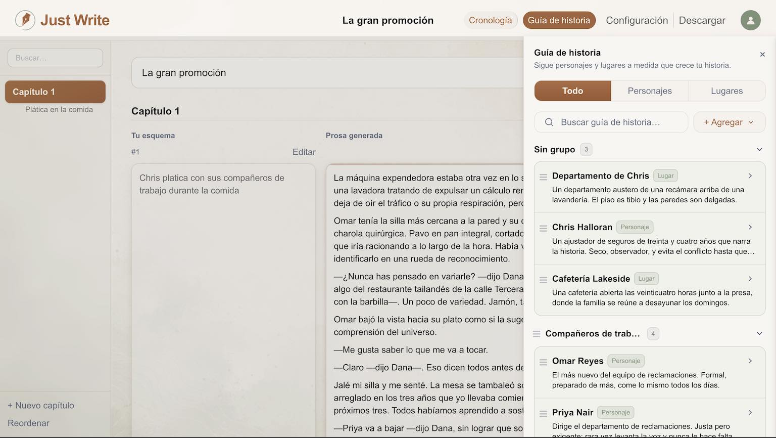 Panel de Grupos de la Guía de Historia en Just Write mostrando personajes organizados en grupos de Familia y Compañeros de trabajo