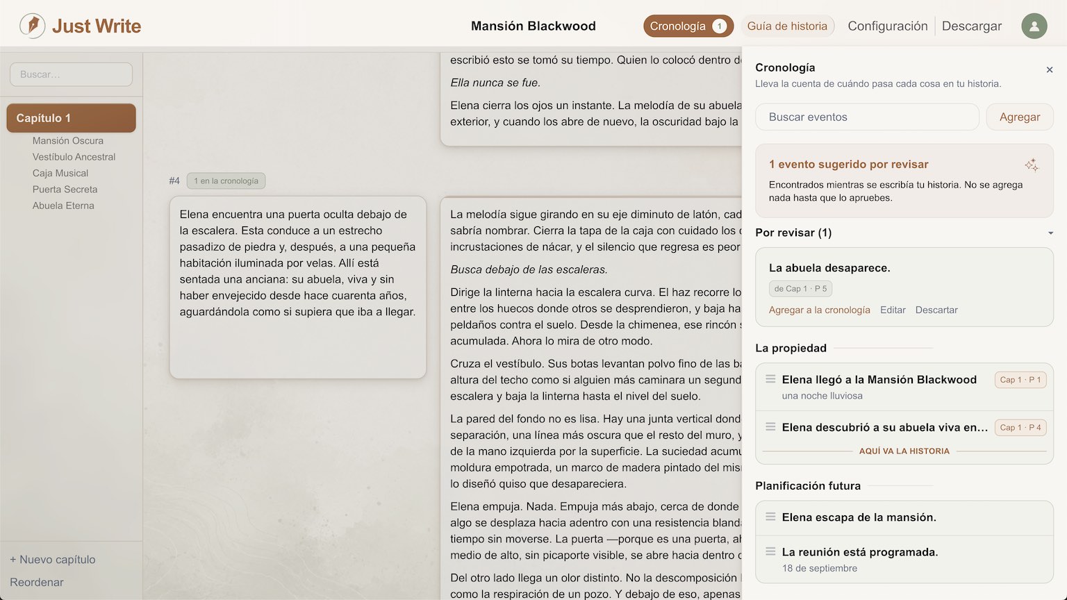 Panel de Cronología de Just Write abierto junto a un esquema de historia que muestra eventos ordenados, etiquetas de tiempo y un evento sugerido por la IA