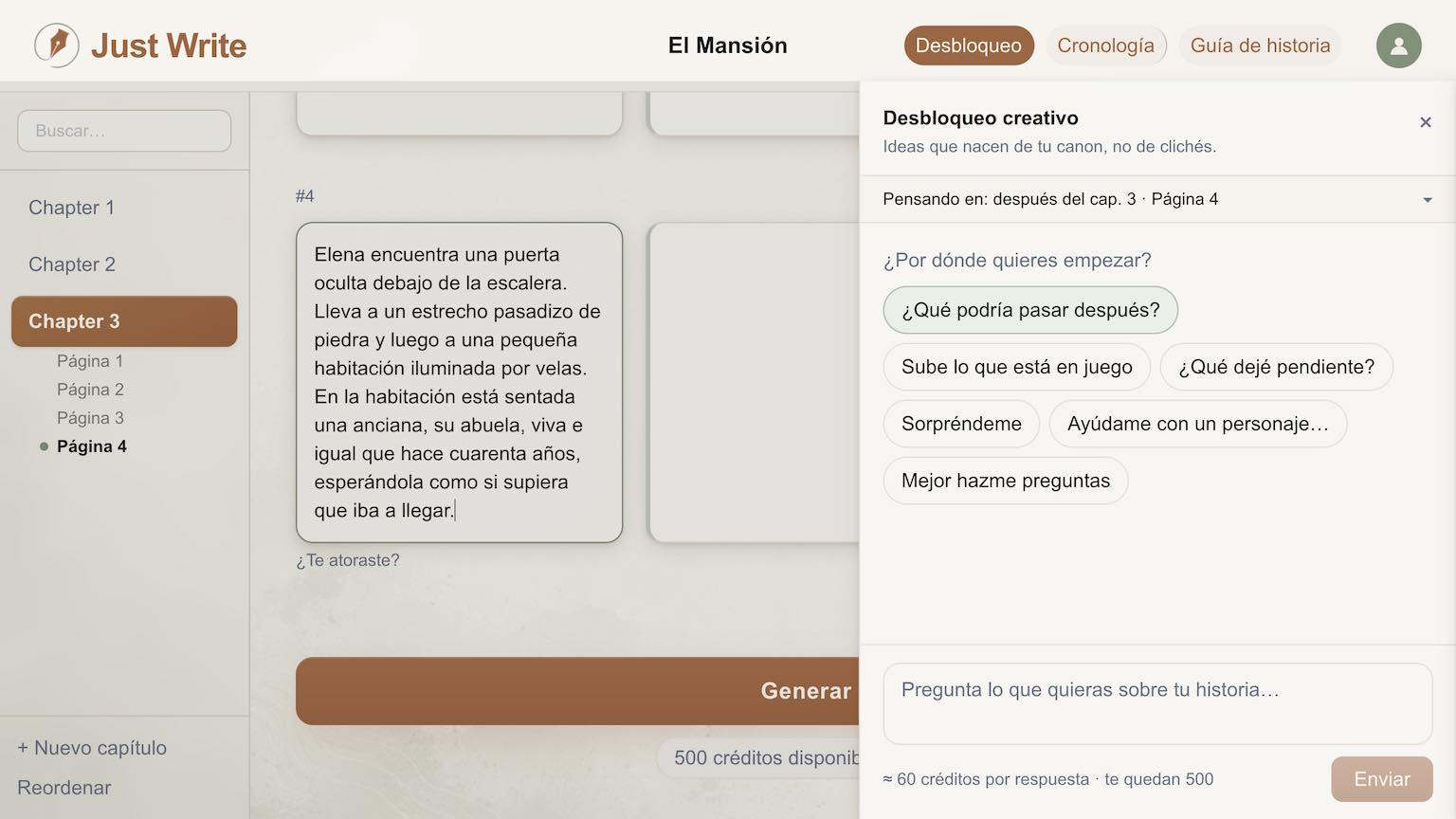 El panel de Destraba tu Creatividad abierto en el editor de Just Write, mostrando tarjetas de ideas y una nota de "por qué encaja"