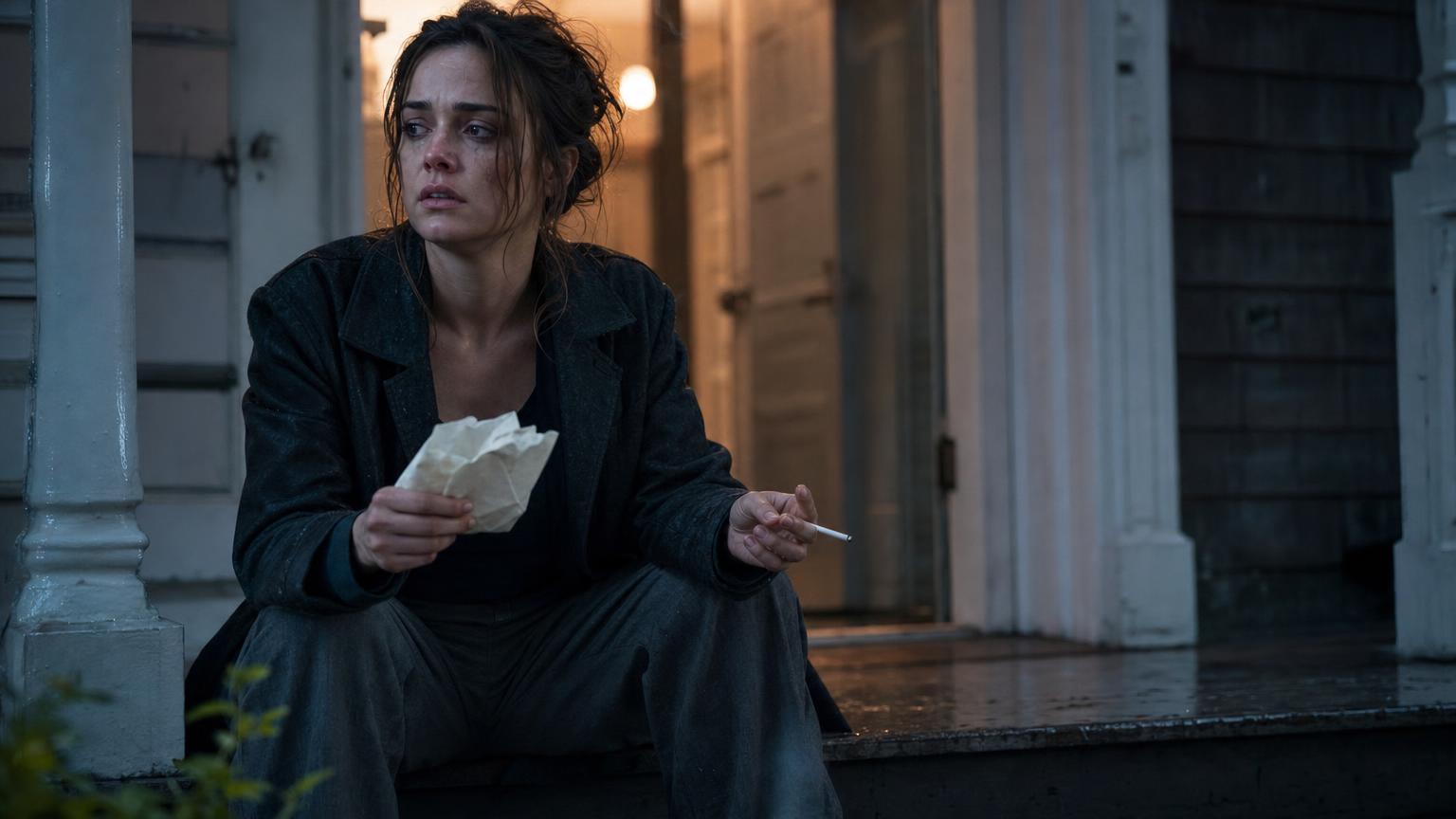 Woman processing bad news on a porch, illustrating the reaction beat in scene and sequel story structure