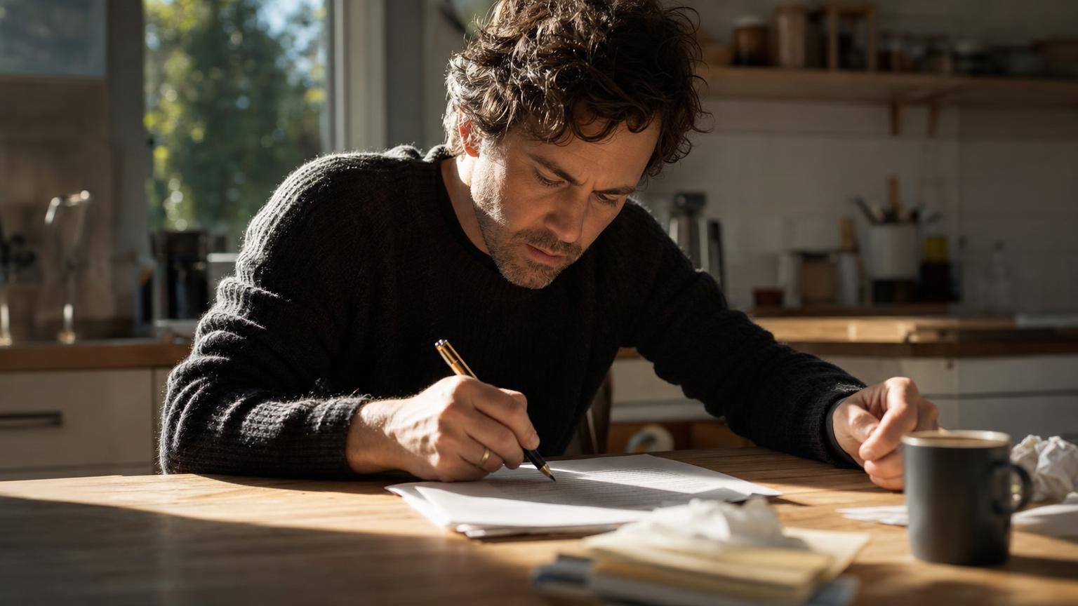 Writer revising a manuscript page, crossing out a telling sentence to rewrite it using show don't tell examples