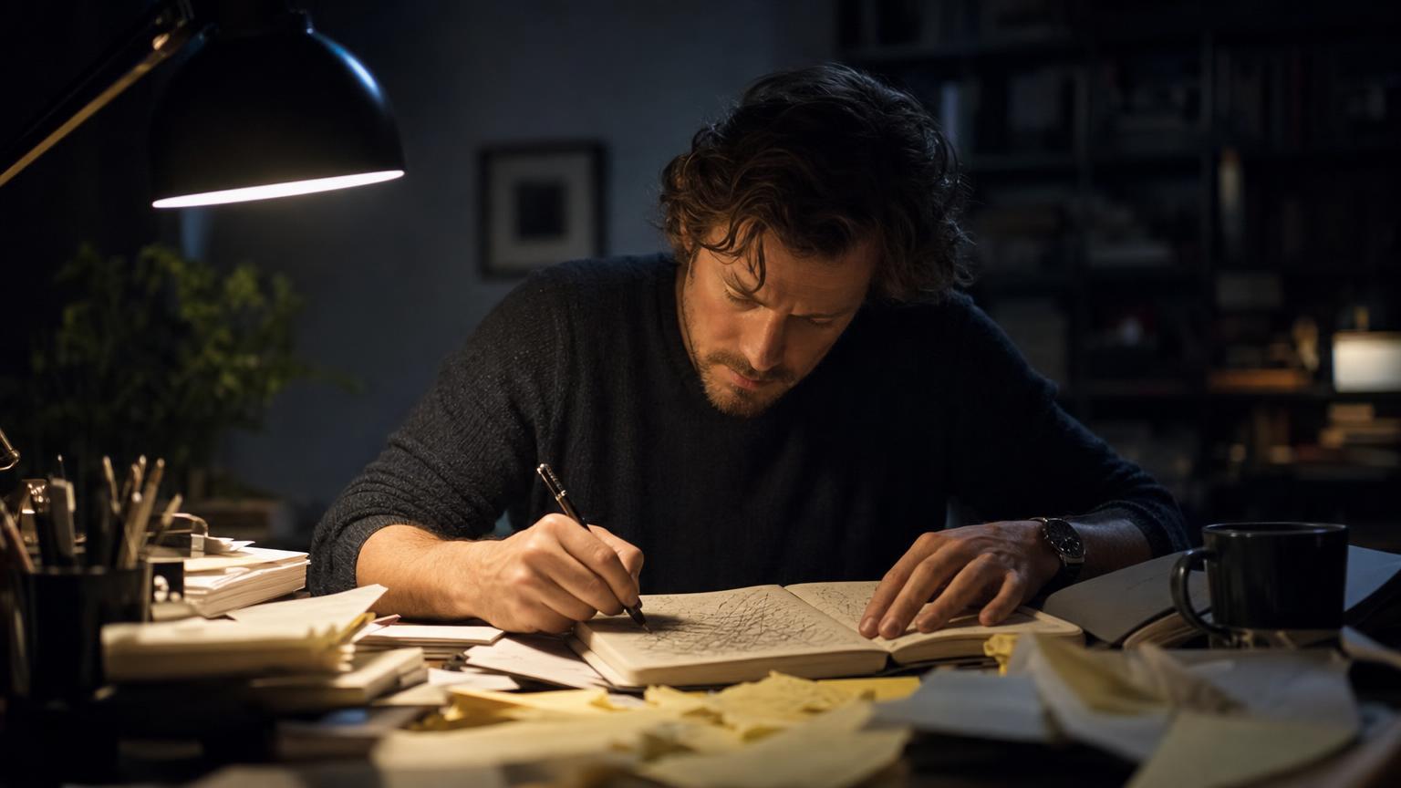 Writer using a writer's block exercise, scribbling fast in a notebook under lamp light at night