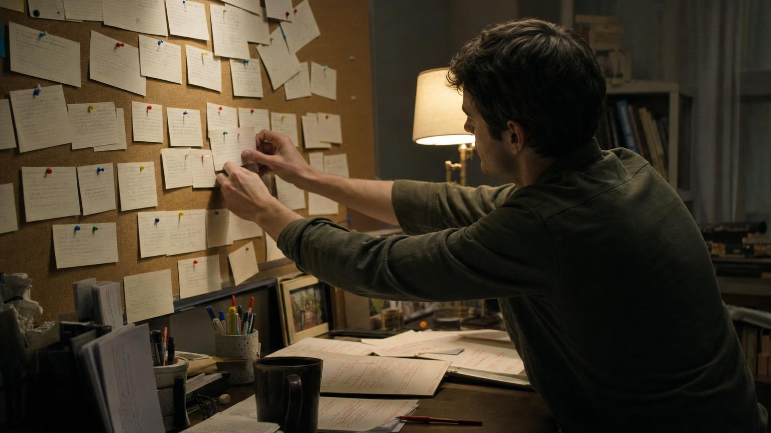 Writer reordering scene index cards on a corkboard while learning how to revise a novel through structural revision